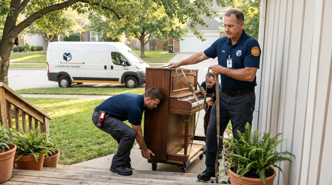Licensed piano movers securing grand piano in Grover Beach, CA