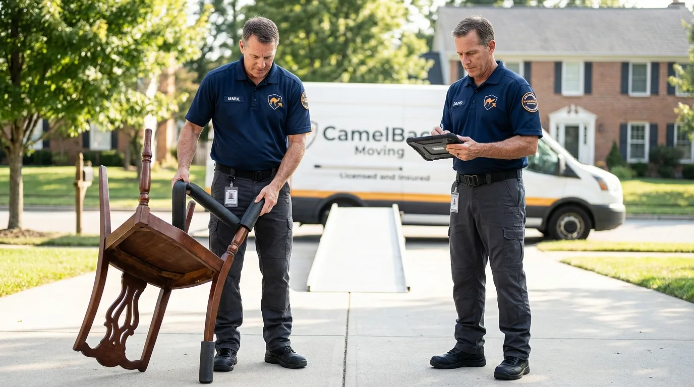 Movers inspecting furniture for damage prevention before loading in Grover Beach, CA