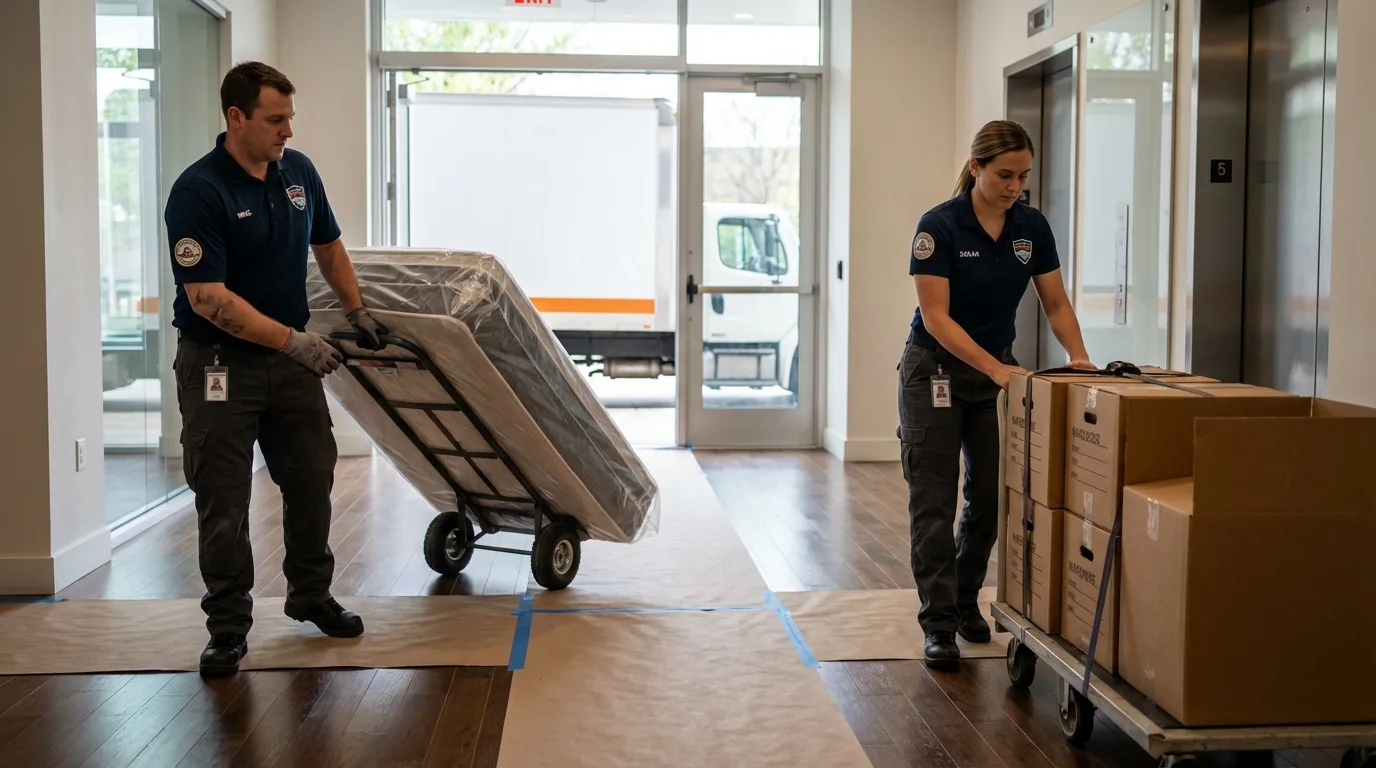 Professional apartment movers loading elevator in Grover Beach, CA